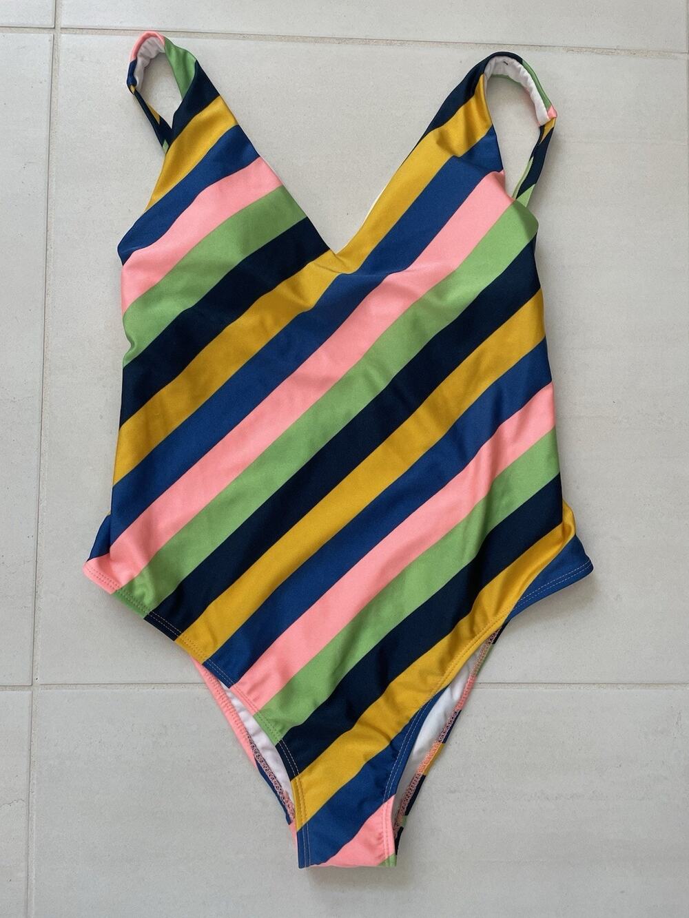 Cotton On Body Swim One Piece Striped Plunge Beach Summer Retro Resort